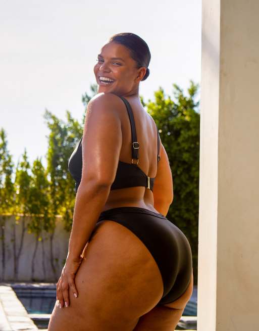 South Beach Curve ft Leslie Sidora Exclusive mix & match high waist bikini bottom in black , 4 of 4