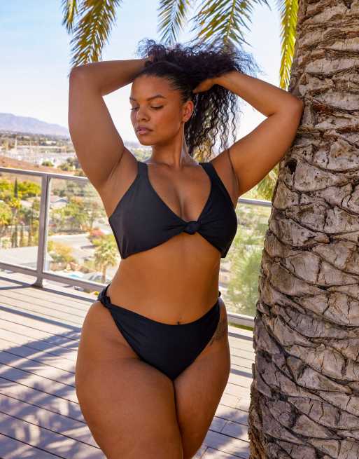 South Beach Curve ft Leslie Sidora Exclusive mix & match knot side high  waist bikini bottom in black