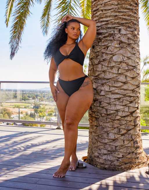 South Beach Curve ft Leslie Sidora Exclusive mix & match knot side high  waist bikini bottom in black