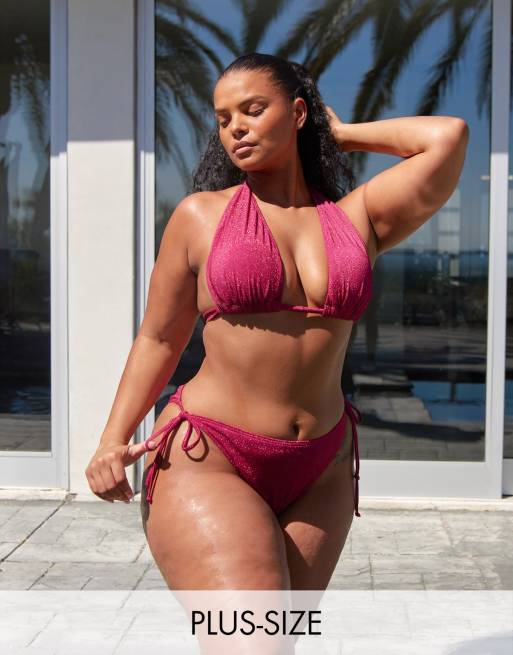 South Beach Curve ft Leslie Sidora Exclusive tie side bikini bottoms in pink metallic 
