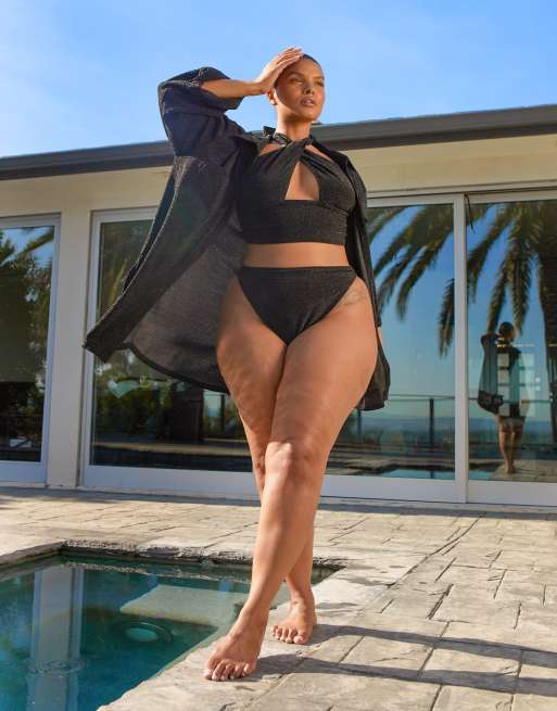 South Beach Curve ft Leslie Sidora - Exclusivité - Chemise de plage effet métallisé - Noir , 3 de 4