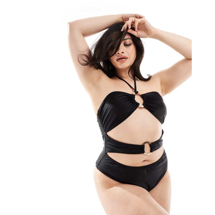 South Beach Curve gold buckle cut out front halter swimsuit in black