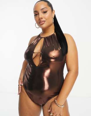 halter swimsuit in brown metallic