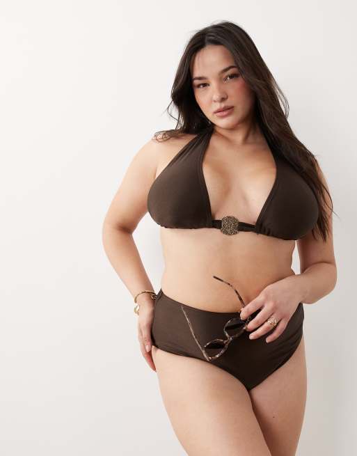 South Beach Curve halterneck bikini top in mocha brown, 3 of 4