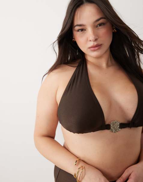 South Beach Curve - Haut de bikini avec liens noués autour du cou - Marron moka - view 1