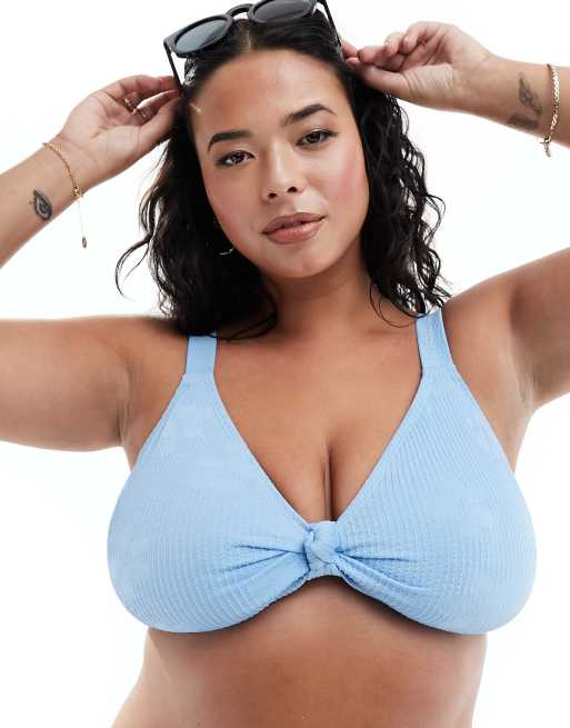 South Beach Curve - Haut de bikini noué devant en jacquard froissé - Bleu bleuet