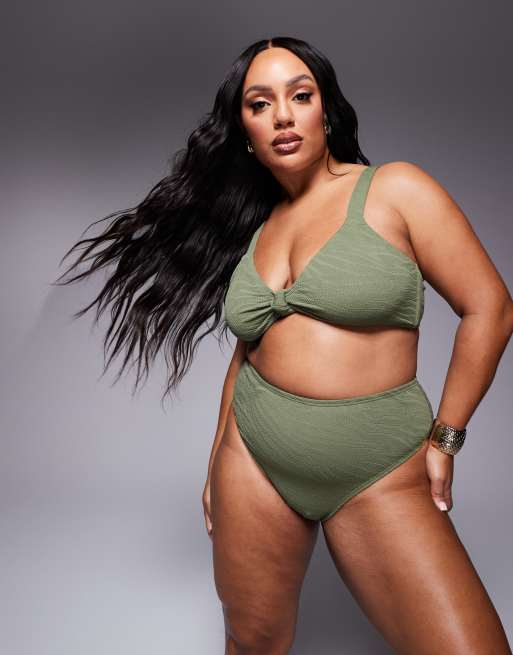 South Beach Curve - Haut de bikini noué sur l'avant avec motif zébré texturé - Kaki