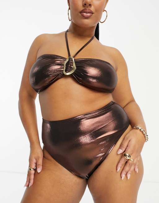 South Beach Curve high waist bikini bottom in brown metallic, 2 of 4