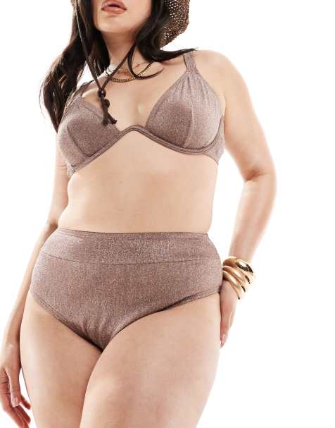 South Beach Curve high waist bikini bottom in light brown glitter - view 1