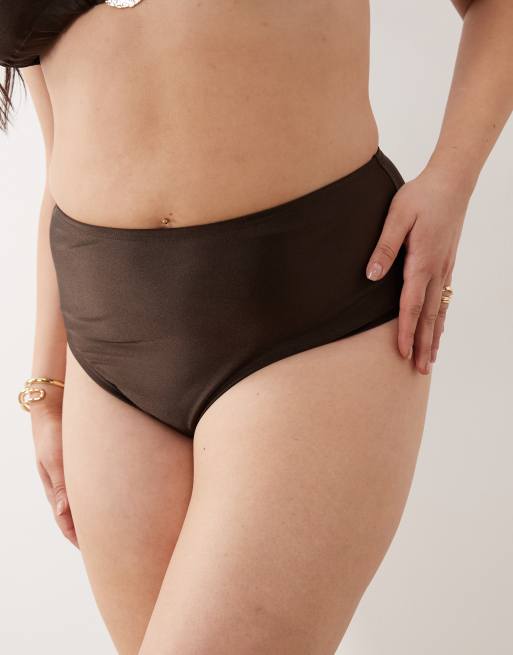 South Beach Curve high waisted bikini bottoms in mocha brown, 2 of 4