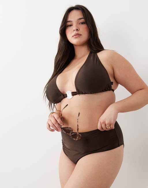 South Beach Curve high waisted bikini bottoms in mocha brown, 3 of 4