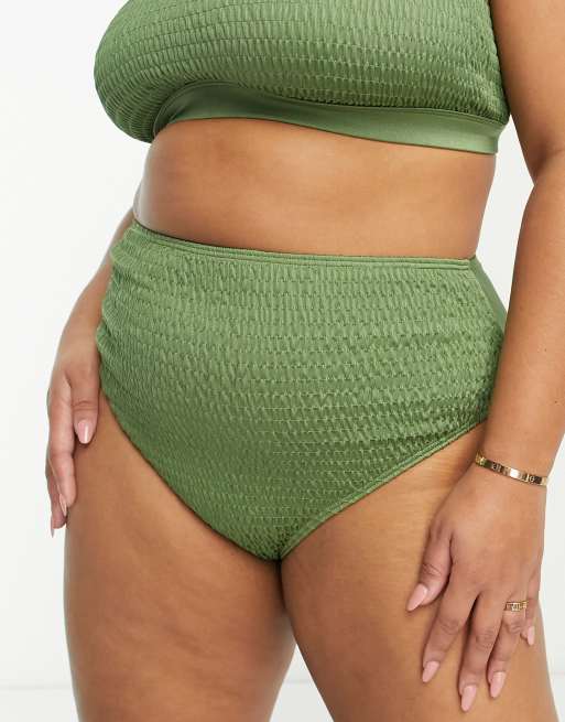 South Beach Curve - Højtaljede bikinitrusser i kakigrønt krølstof - Kun hos ASOS  