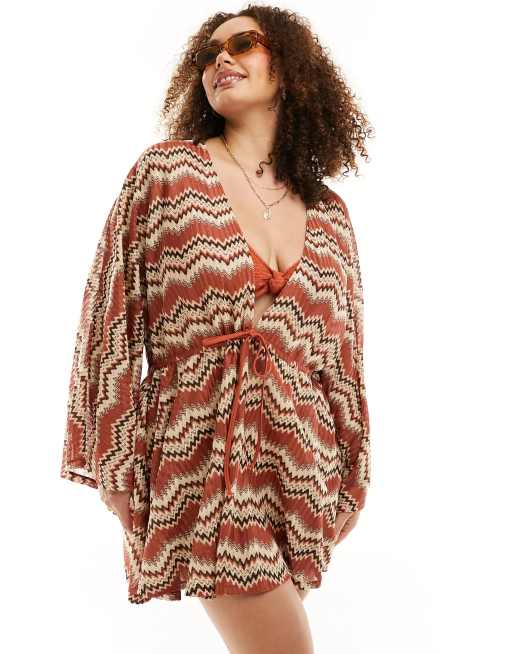 South Beach Curve - Kimono da spiaggia corto ampio color ruggine ricamato