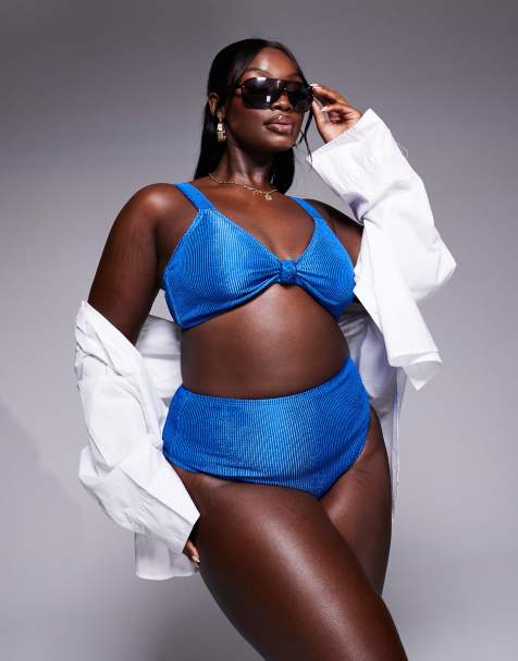 South Beach Curve knot front crinkle bikini top in blue - view 1