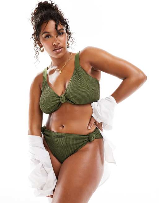 South Beach Curve knot front crinkle triangle bikini top in sage green