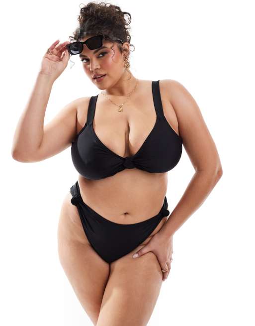 South Beach Curve knot side high waist bikini bottoms in black, 2 of 4