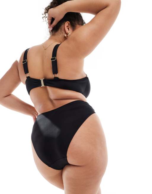 South Beach Curve knot side high waist bikini bottoms in black, 4 of 4