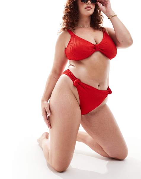 South Beach Curve knot side high waist bikini bottoms in red crinkle - view 1