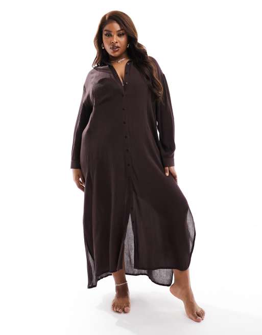 South Beach Curve – Langes Strand-Hemdblusenkleid in Braun