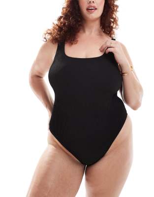 South Beach Curve Low Back Crinkle Swimsuit In Black
