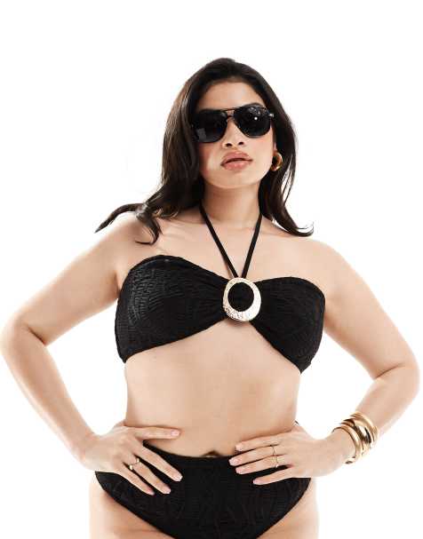 South Beach Curve ring front bandeau bikini top in black - view 1