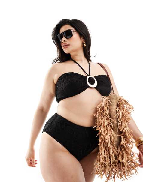 South Beach Curve ring front high waist bikini bottom in black - view 1