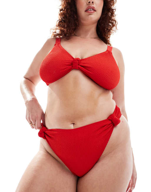 South Beach Curve – Röd, krinklad bikiniunderdel med hög midja och knutar i sidan, 2 av 4