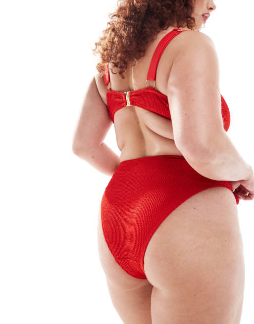 South Beach Curve – Röd, krinklad bikiniunderdel med hög midja och knutar i sidan, 4 av 4