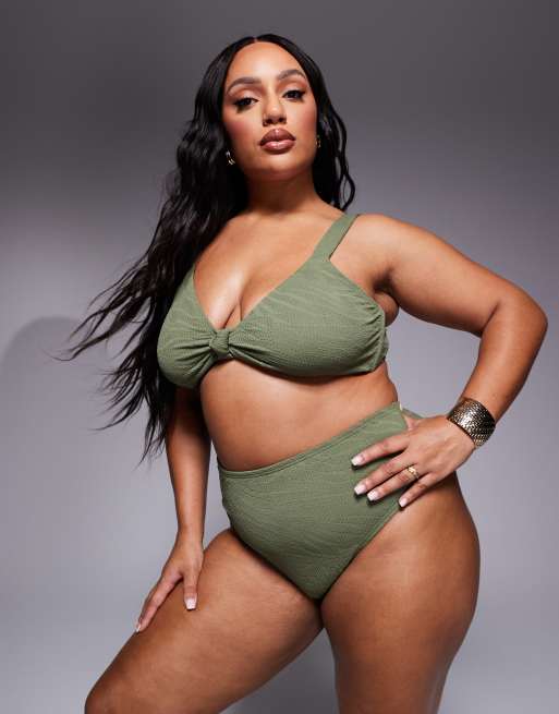 South Beach Curve - Slip bikini sgambati a vita alta kaki in tessuto effetto stropicciato zebrato
