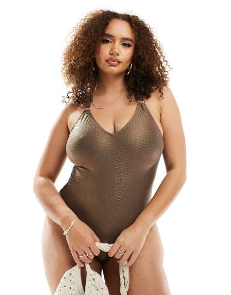 South Beach Curve snake embossed buckle front swimsuit in brown metallic - view 1