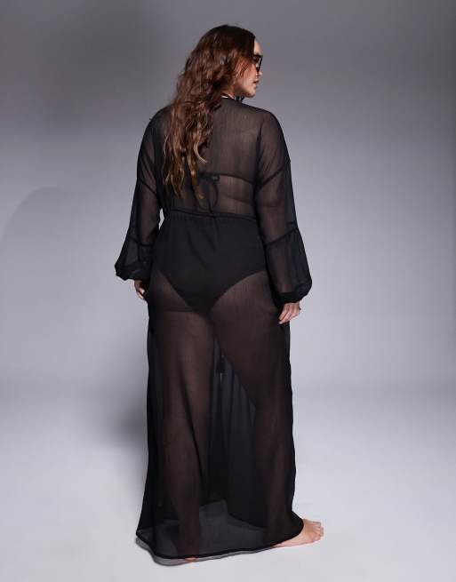 South Beach Curve - Sort strand-kimono med lange ærmer i maxi-længde, 2 af 4