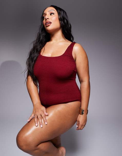South Beach Curve square neck crinkle swimsuit in cherry red - view 1
