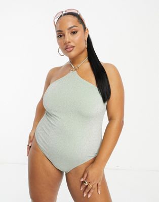 South Beach Curve starfish halter swimsuit in sage green glitter - ASOS Price Checker
