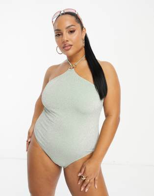 South Beach Curve starfish halter swimsuit in sage green glitter - ASOS Price Checker