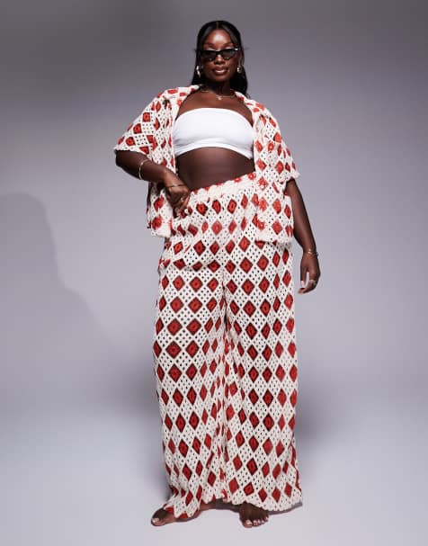 South Beach Curve crochet beach trouser co-ord in cream and rust
