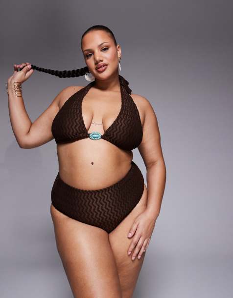 South Beach Curve textured highwaisted bikini bottom in brown