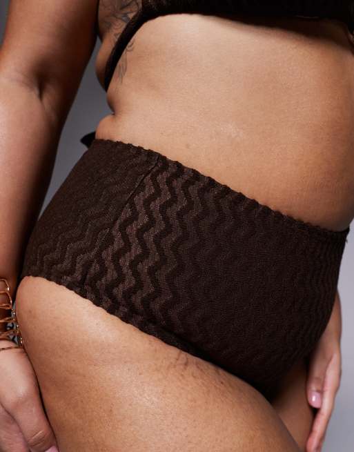 South Beach Curve textured highwaisted bikini bottoms in brown, 4 of 4