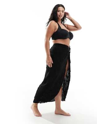 textured midi beach sarong with gold hardware detail-Black