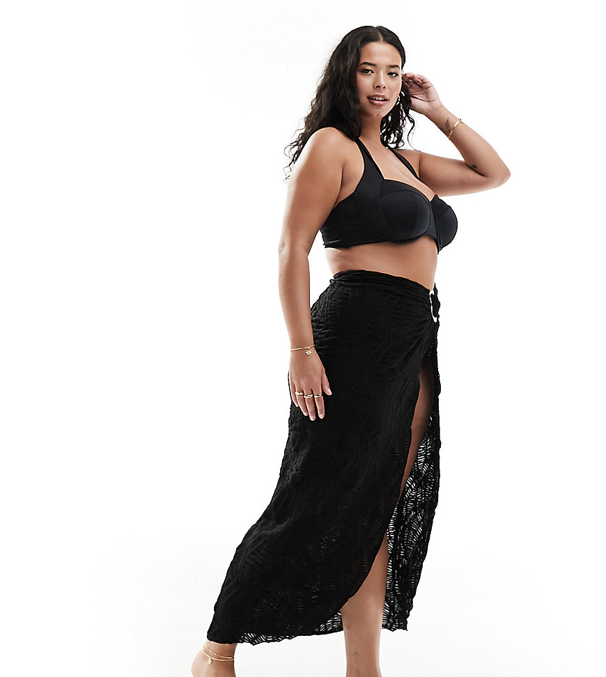 South Beach Curve Textured Midi Beach Sarong With Gold Hardware Detail-black