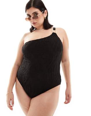 South Beach Curve Textured One Shoulder Swimsuit With Hardware Detail-black