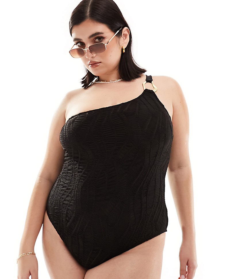 South Beach Curve Textured One Shoulder Swimsuit With Hardware Detail-black