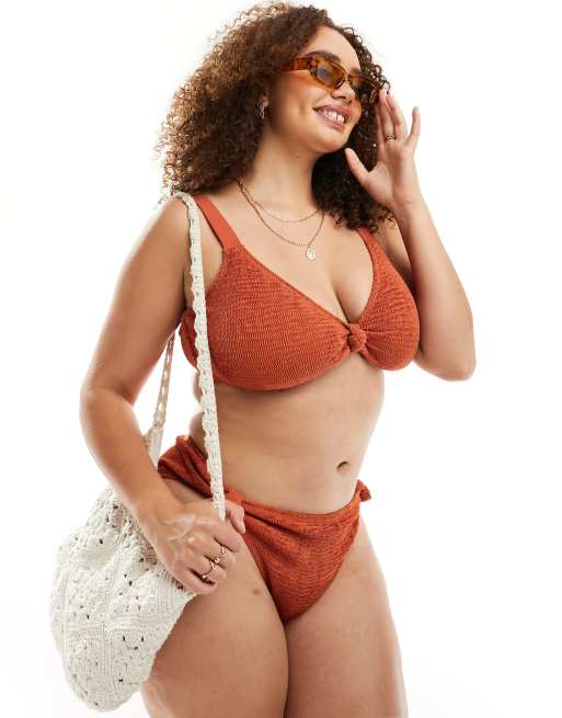 South Beach Curve - Top bikini color ruggine stropicciato con nodo sul davanti