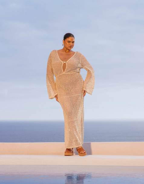 South Beach Curve - Vestito da mare lungo color crema con paillettes argento - view 1