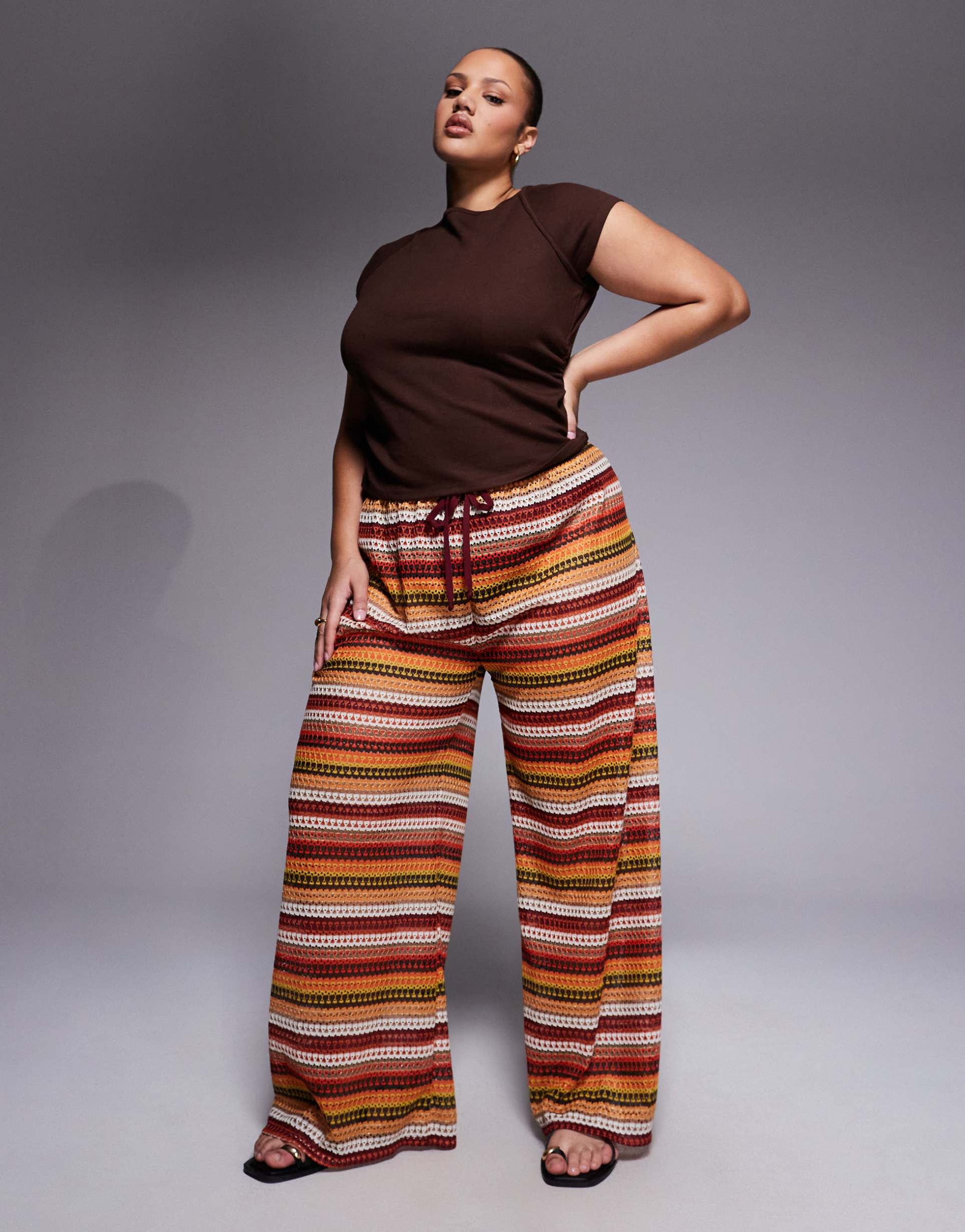 south beach curve wide leg crochet pants in burgundy stripes