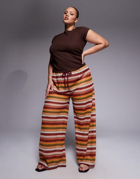 South Beach Curve wide leg crochet trouser in burgundy stripe