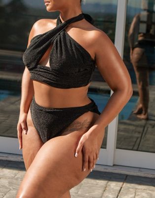 South Beach Curve ft Leslie Sidora Exclusive high leg bikini bottom in black metallic