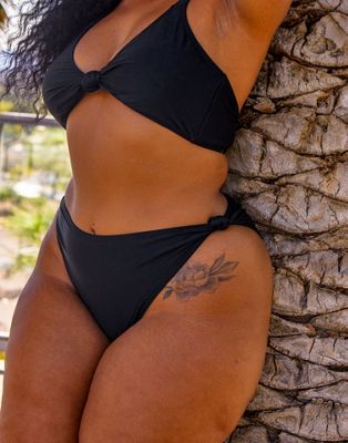 South Beach Curve ft Leslie Sidora Exclusive mix & match knot side high waist bikini bottom in black