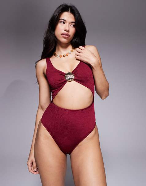 South Beach cut-out crinkle swimsuit with shell hardware in burgundy - view 1