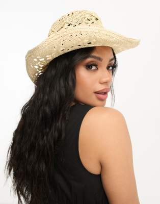 South Beach South Beach cut out detail cowboy hat with gem trim in beige-Neutral