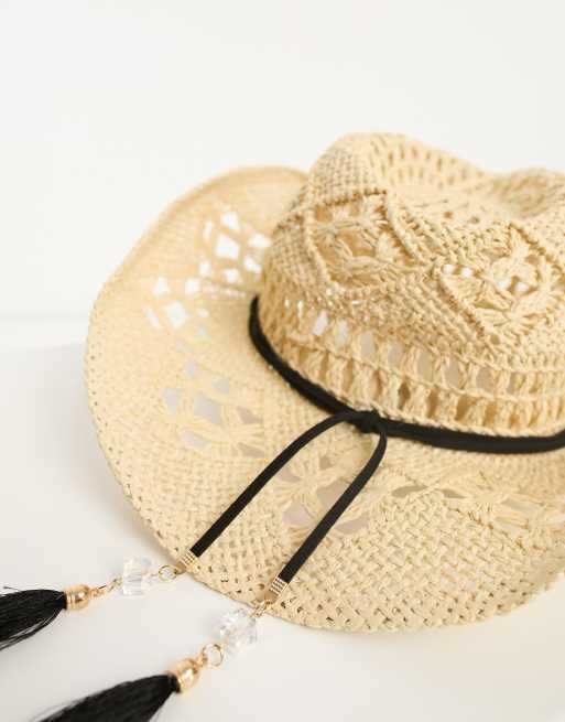 South Beach cut out detail cowboy hat with gem trim in beige, 4 of 4